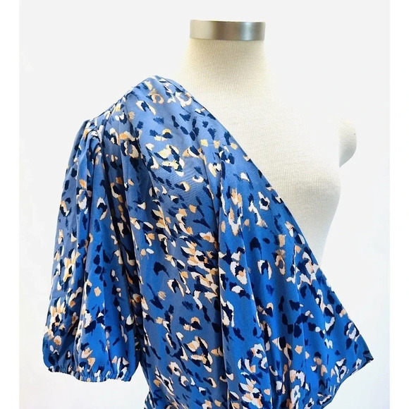 NWT NINE WEST Women Short Sleeve Pullover One Shoulder Belted Blue Dress Size 4X - Picture 3 of 15